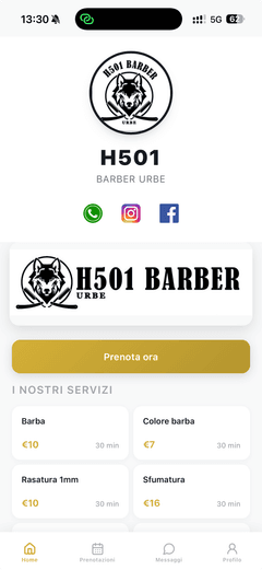 Home, servizi e prenotazione nella PWA H501 Barber