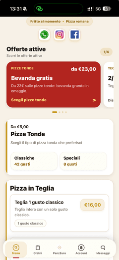 Menu cliente della PWA Panzerotto Chic